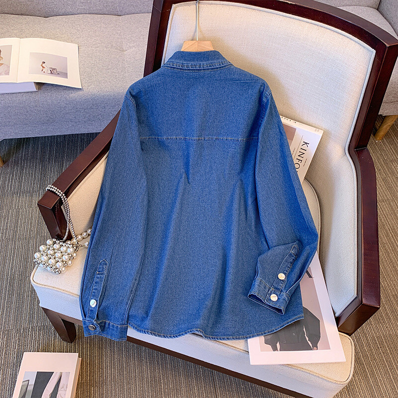 150Kg Plus Size Γυναικείο μπούστο 157 Άνοιξη Φθινοπωρινό Τζιν Μπουφάν Φαρδιά Μακρυμάνικο Μπλουζάκι ώμου Μπλε 6XL 7XL 8XL 9XL 10XL