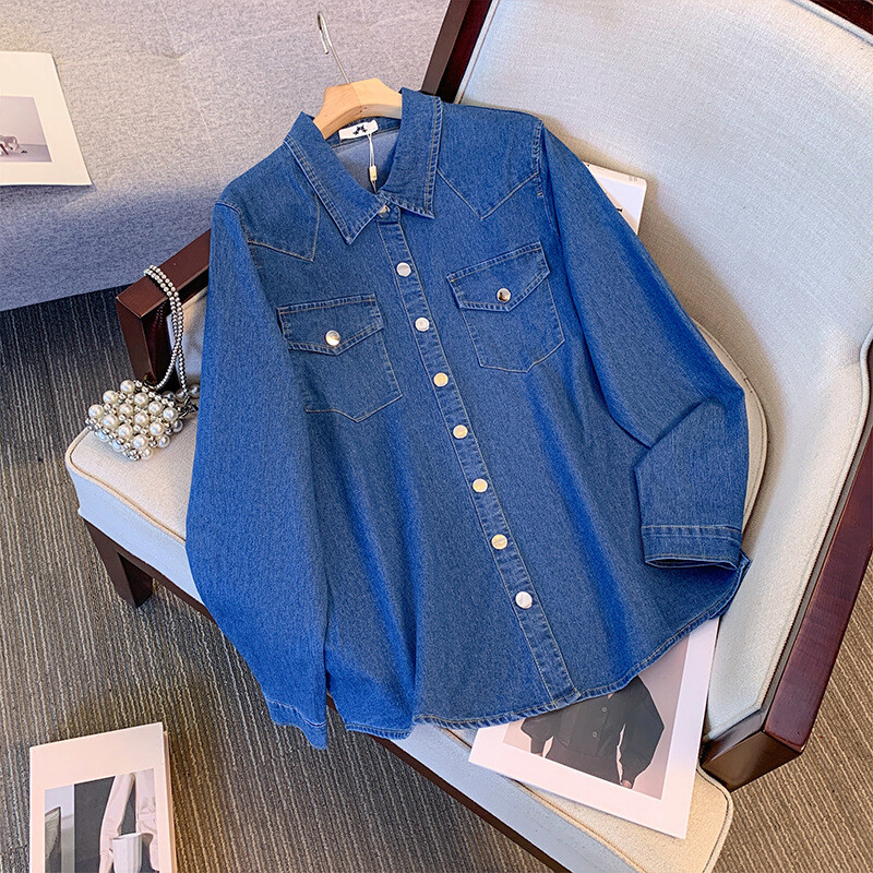 150Kg Plus Size Γυναικείο μπούστο 157 Άνοιξη Φθινοπωρινό Τζιν Μπουφάν Φαρδιά Μακρυμάνικο Μπλουζάκι ώμου Μπλε 6XL 7XL 8XL 9XL 10XL