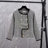 Plus Size XL-5XL Γυναικείο ριγέ μπουφάν με διπλό στήθος Vintage Tweed Jacquard Παλτό Γυναικείο χειμερινό φθινόπωρο τοπ Ρούχα 2023 Νέο