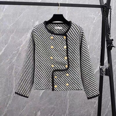 Plus Size XL-5XL Γυναικείο ριγέ μπουφάν με διπλό στήθος Vintage Tweed Jacquard Παλτό Γυναικείο χειμερινό φθινόπωρο τοπ Ρούχα 2023 Νέο