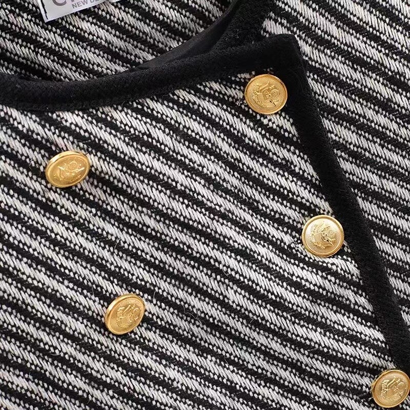 Plus Size XL-5XL Γυναικείο ριγέ μπουφάν με διπλό στήθος Vintage Tweed Jacquard Παλτό Γυναικείο χειμερινό φθινόπωρο τοπ Ρούχα 2023 Νέο