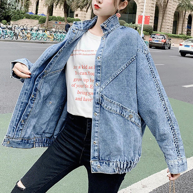 Дамско синьо дънково яке с мандарин яка с дълъг ръкав, едноцветно, свободно, голямо, голямо, Chaqueta Mujer FREW-6987