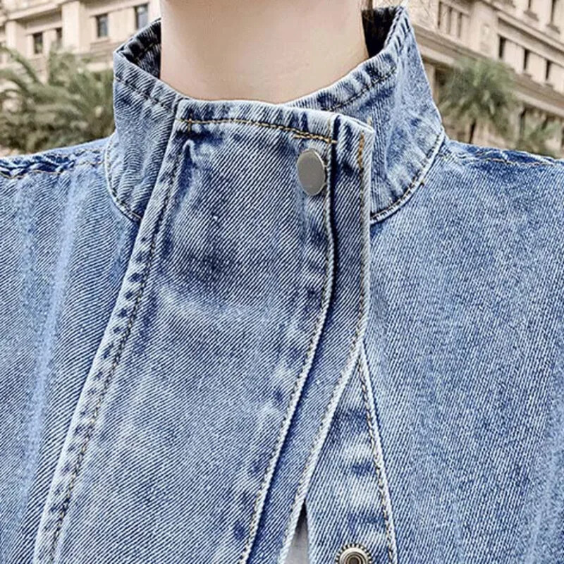 Дамско синьо дънково яке с мандарин яка с дълъг ръкав, едноцветно, свободно, голямо, голямо, Chaqueta Mujer FREW-6987