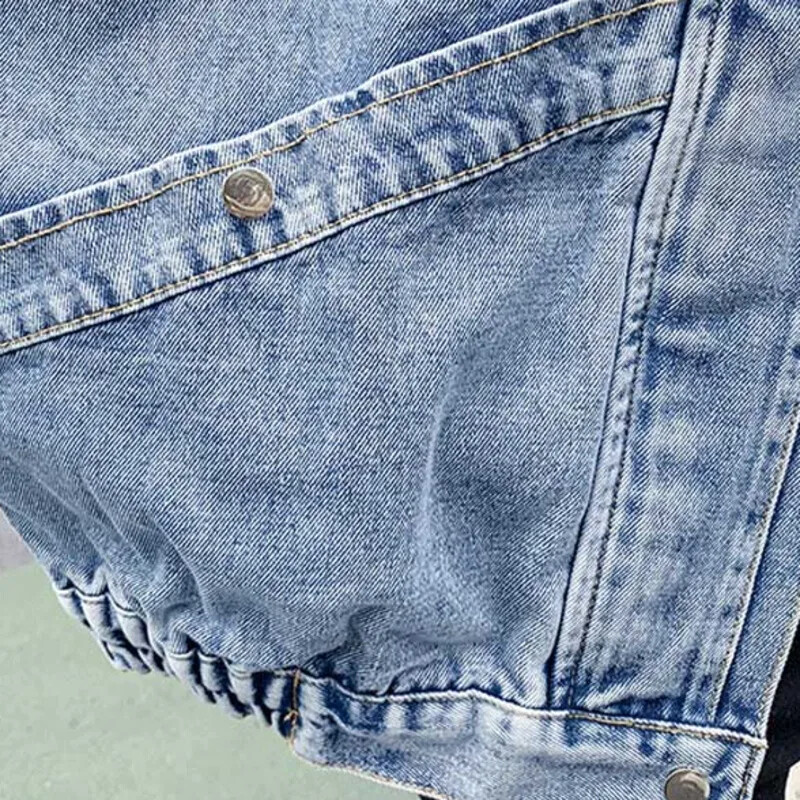 Дамско синьо дънково яке с мандарин яка с дълъг ръкав, едноцветно, свободно, голямо, голямо, Chaqueta Mujer FREW-6987