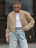 BKQU kaki bomber jakna Ženska vintage skraćena bejzbol jakna dugih rukava s džepovima Jesen Zima Modna gornja odjeća