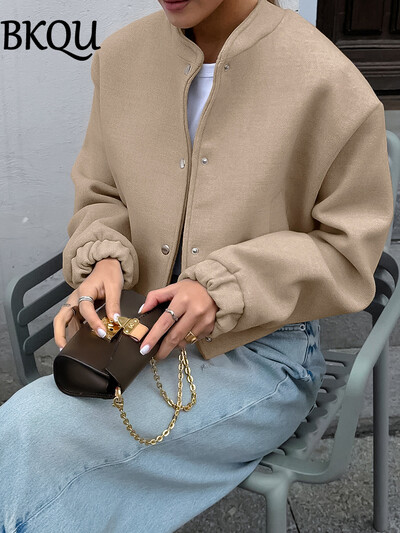 BKQU kaki bomber jakna Ženska vintage skraćena bejzbol jakna dugih rukava s džepovima Jesen Zima Modna gornja odjeća