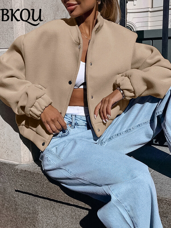 BKQU kaki bomber jakna Ženska vintage skraćena bejzbol jakna dugih rukava s džepovima Jesen Zima Modna gornja odjeća