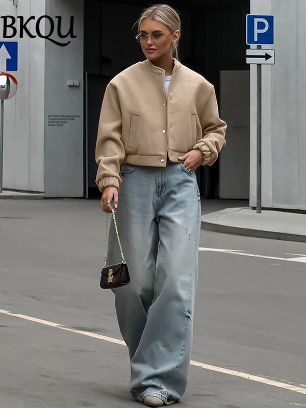 BKQU kaki bomber jakna Ženska vintage skraćena bejzbol jakna dugih rukava s džepovima Jesen Zima Modna gornja odjeća