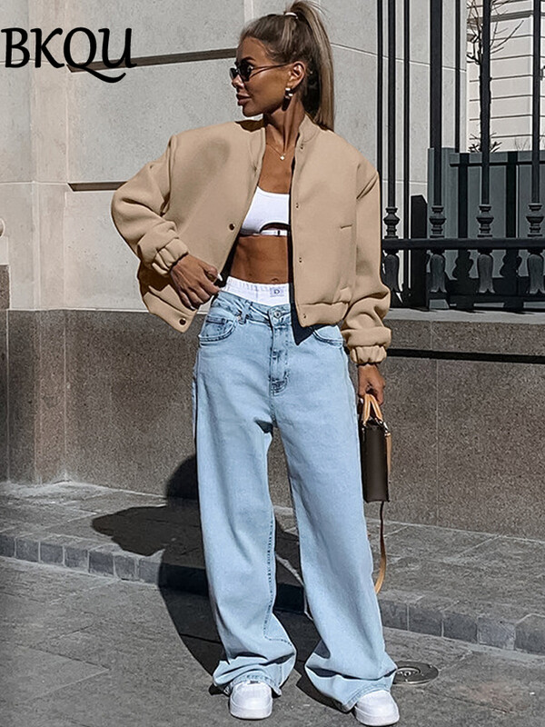 BKQU kaki bomber jakna Ženska vintage skraćena bejzbol jakna dugih rukava s džepovima Jesen Zima Modna gornja odjeća
