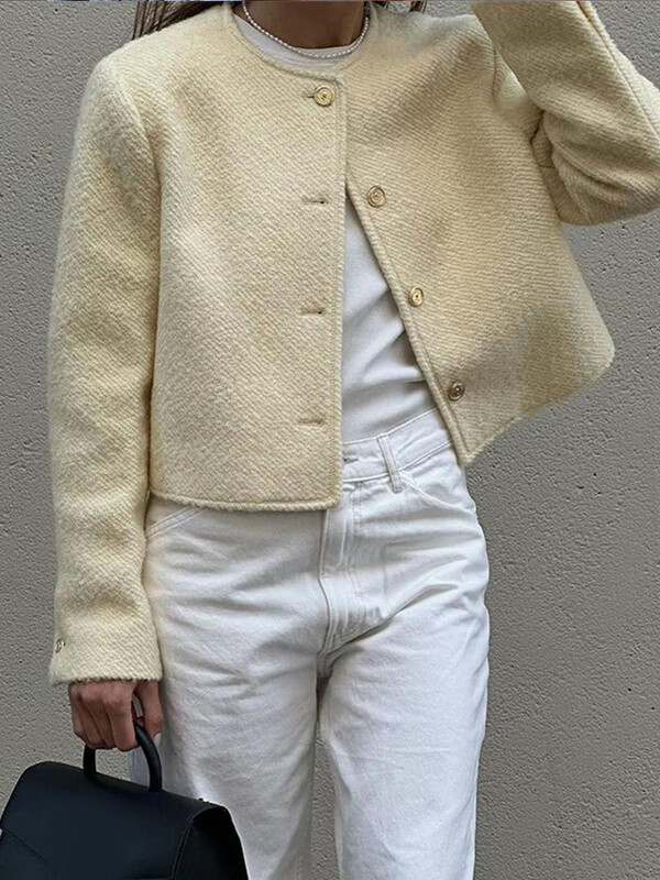 Ženska, elegantna jednobojna jednoredna skraćena jakna, jesenska ženska, kratki kaput s dugim rukavima i O-izrezom, modna ženska gornja odjeća za putovanje na posao