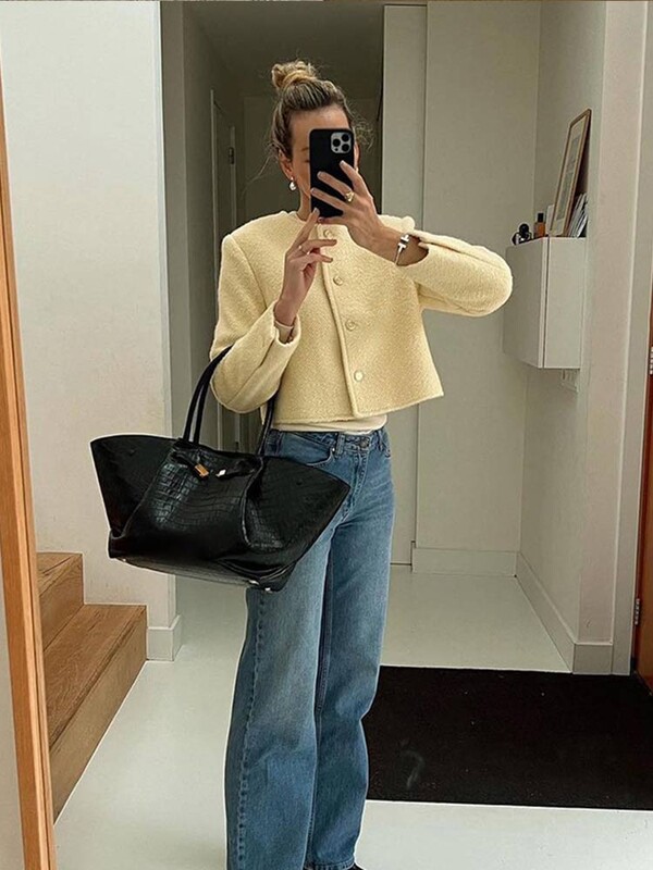 Ženska, elegantna jednobojna jednoredna skraćena jakna, jesenska ženska, kratki kaput s dugim rukavima i O-izrezom, modna ženska gornja odjeća za putovanje na posao