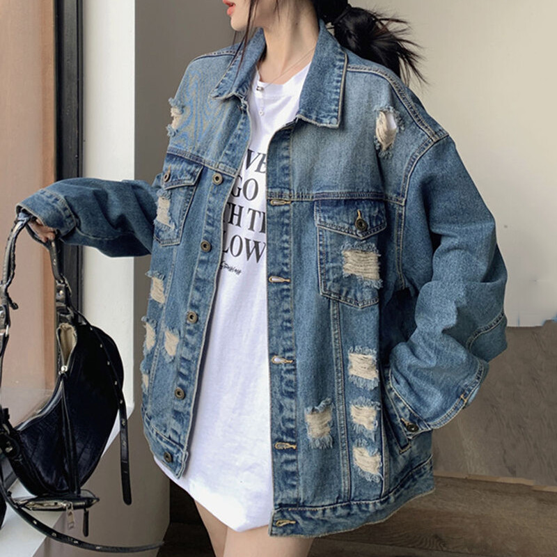 Jesen 2024. Poderana traper jakna dugih rukava Ženske Harajuku široki kaput s otvorenim ovratnikom Ženska ulična odjeća Unisex jeans jakne