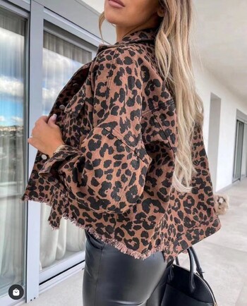 Kpop Γυναικεία Leopard τζιν μπουφάν Μόδα Γυναικεία casual μακρυμάνικο πέτο με κουμπί κάτω στο στήθος Τσέπη λεπτό σακάκι φθινοπωρινό χειμωνιάτικο παλτό