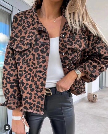 Kpop Γυναικεία Leopard τζιν μπουφάν Μόδα Γυναικεία casual μακρυμάνικο πέτο με κουμπί κάτω στο στήθος Τσέπη λεπτό σακάκι φθινοπωρινό χειμωνιάτικο παλτό