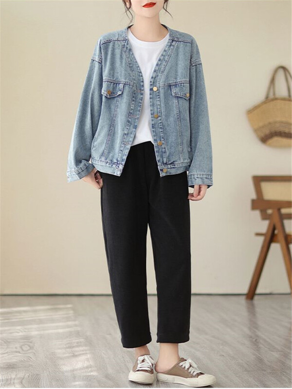 Uued 2023. aasta sügistalvised teksajakid naistele Vintage pikkade varrukatega V-kaelusega sinine teksajakk Korea stiilis lahtised ülerõivad mantlid Topid