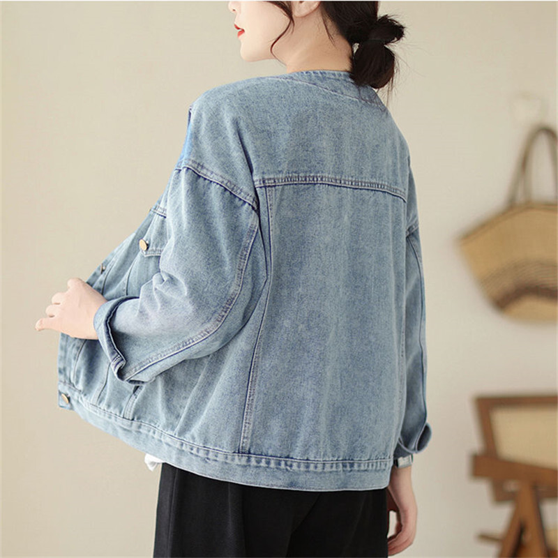 Uued 2023. aasta sügistalvised teksajakid naistele Vintage pikkade varrukatega V-kaelusega sinine teksajakk Korea stiilis lahtised ülerõivad mantlid Topid