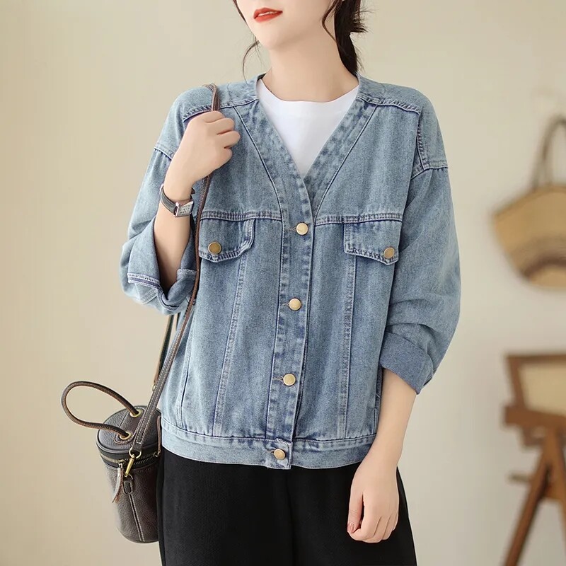 Uued 2023. aasta sügistalvised teksajakid naistele Vintage pikkade varrukatega V-kaelusega sinine teksajakk Korea stiilis lahtised ülerõivad mantlid Topid