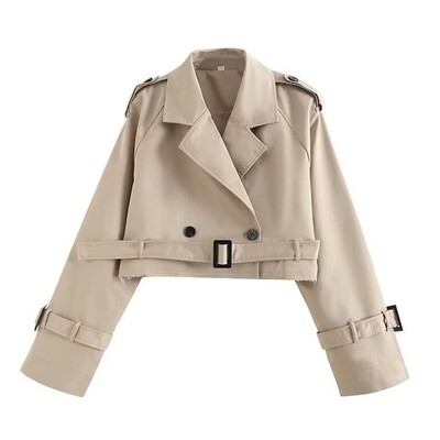 Dizajnirana jakna s poderanim rubovima Ženska jednobojna jakna Elegantna ženska kratka jakna s ovratnikom na ovratnik i remenom Dekorirana za jesen.