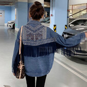 2022 Punk Boho traper jakna s vezom s kićankama Ženska plava labava jakna s džepovima s zakovicama Prevelika moto biciklistička ženska proljetna traper jakna