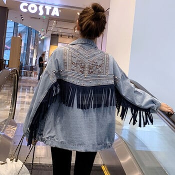 2022 Punk Boho Tassel Embroidery Τζιν Μπουφάν Γυναικείο Μπλε Χαλαρό Πριτσίνι Τσέπη Oversize Moto Biker Γυναικείο Ανοιξιάτικο Jean Jacket