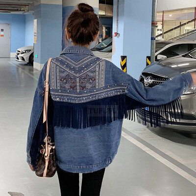 2022 Punk Boho traper jakna s vezom s kićankama Ženska plava labava jakna s džepovima s zakovicama Prevelika moto biciklistička ženska proljetna traper jakna