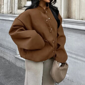 2024. Zimski ženski modni samostojeći ovratnik Smeđi debeli kaput od tvida Temperamentna ženska odjeća za putovanje na posao Ženska elegantna široka jakna