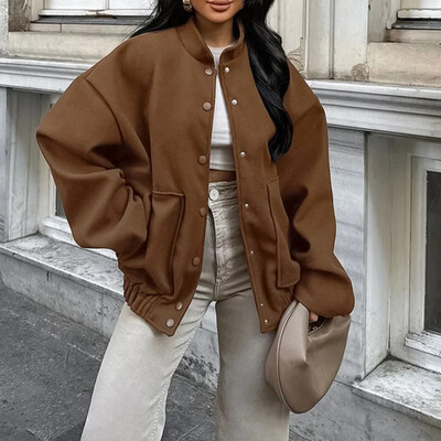 2024. Zimski ženski modni samostojeći ovratnik Smeđi debeli kaput od tvida Temperamentna ženska odjeća za putovanje na posao Ženska elegantna široka jakna