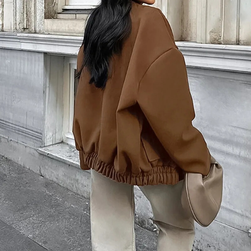 2024. Zimski ženski modni samostojeći ovratnik Smeđi debeli kaput od tvida Temperamentna ženska odjeća za putovanje na posao Ženska elegantna široka jakna