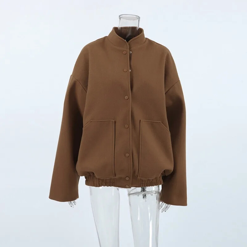 2024. Zimski ženski modni samostojeći ovratnik Smeđi debeli kaput od tvida Temperamentna ženska odjeća za putovanje na posao Ženska elegantna široka jakna