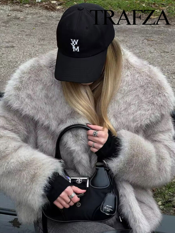 TRAFZA Zimska ženska jakna od umjetnog krzna Kaput Retro rever Ležerna topla jakna dugih rukava Ženska modna šik ulična jakna