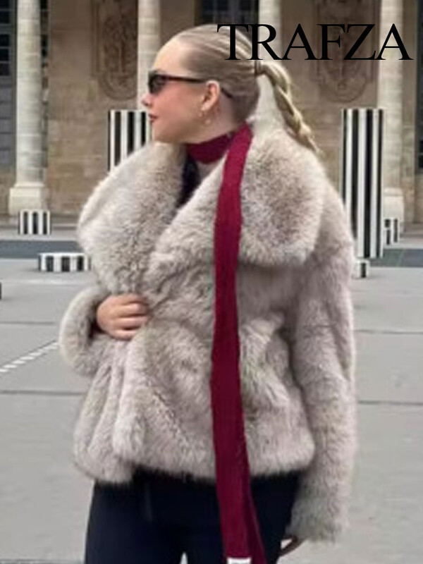 TRAFZA Zimska ženska jakna od umjetnog krzna Kaput Retro rever Ležerna topla jakna dugih rukava Ženska modna šik ulična jakna