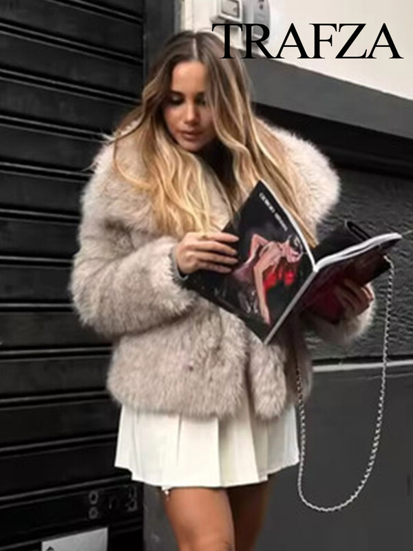 TRAFZA Zimska ženska jakna od umjetnog krzna Kaput Retro rever Ležerna topla jakna dugih rukava Ženska modna šik ulična jakna