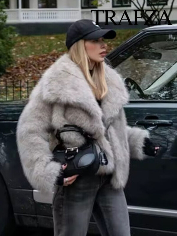 TRAFZA Zimska ženska jakna od umjetnog krzna Kaput Retro rever Ležerna topla jakna dugih rukava Ženska modna šik ulična jakna