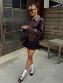 Vintage ühevärviline reväär Tõmblukk Nahkjakk vabaaja pikkade varrukatega elastne lühike naiste mantel Sügisel pendeldamisel tänaval ülerõivad