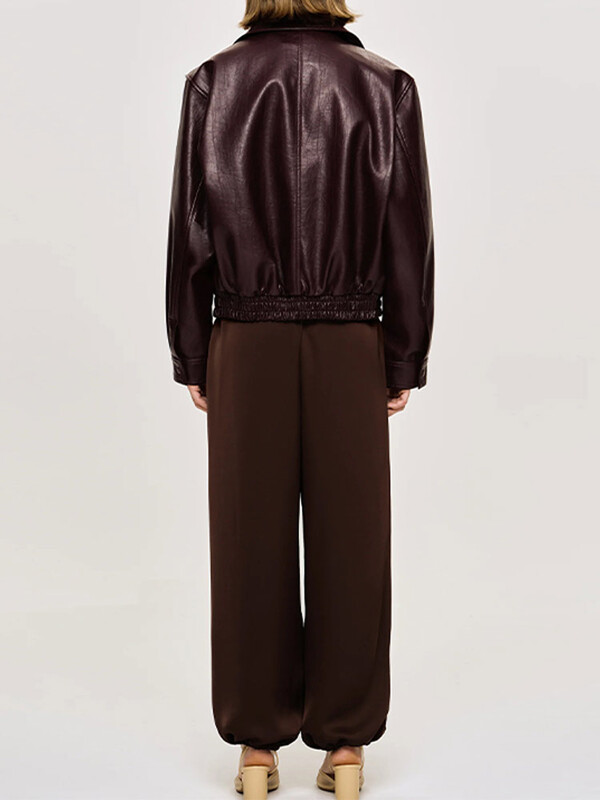 Vintage ühevärviline reväär Tõmblukk Nahkjakk vabaaja pikkade varrukatega elastne lühike naiste mantel Sügisel pendeldamisel tänaval ülerõivad