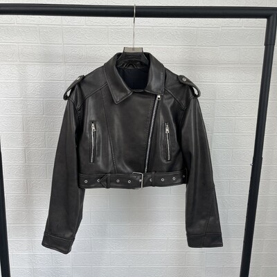 Taop&Za naiste 2024 sügis uus nahkjakk street style kunstnahast jakk revääriga pikkade varrukatega vöö lühike jope mantel