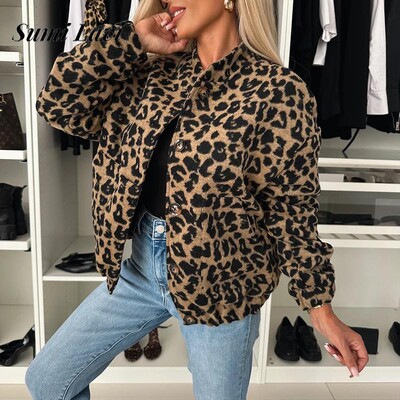 Jachete scurte largi, leopard, leopard, ocazional, cu mânecă lungă, cu buzunare.