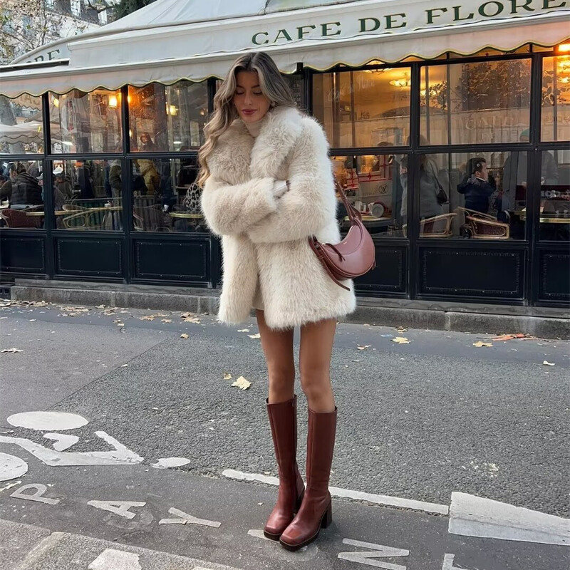 PB&ZA ženska odjeća 2024. nova moda uličnog temperamentnog temperamentnog svestranog revera, kaput s efektom umjetnog krzna dugih rukava