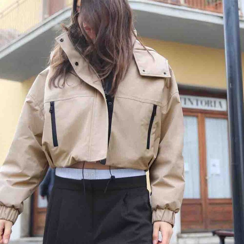 PB&ZA2024 Есенен нов продукт Ежедневно дамско модно универсално прилепнало късо яке с изправено деколте и качулка