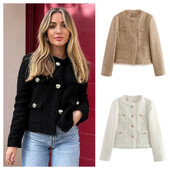 PB&ZA 2024 kevad uus naistemood temperamendiga vabaaja mitmekülgne erksa siidi tekstuuriga ümara kaelusega lühike jakk