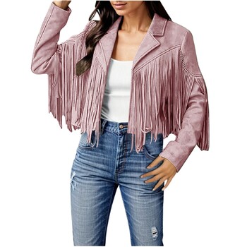 Vintage Fringe Faux Suede Δερμάτινα Μπουφάν Cropped Tassel Bomber Δερμάτινο μπουφάν Γυναικείο Μοντέρνο Moto And Biker Outerwear Chaquetas