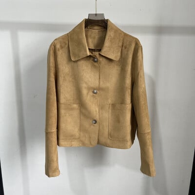 PB&ZA jachetă de piele de căprioară cu mânecă lungă, cu nasturi, cu buzunare duble, cu temperament casual, toamnă și iarnă 2024