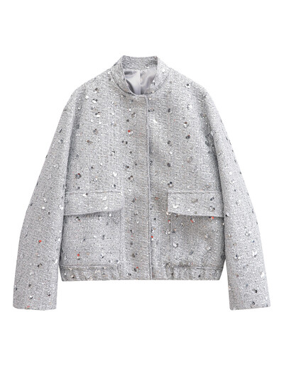 KAOPU ZA Naiste esitaskud hõbedase litriga jakk vintage ümmarguse kraega pikkade varrukatega nööbiga naiste ülerõivaste šikid topid