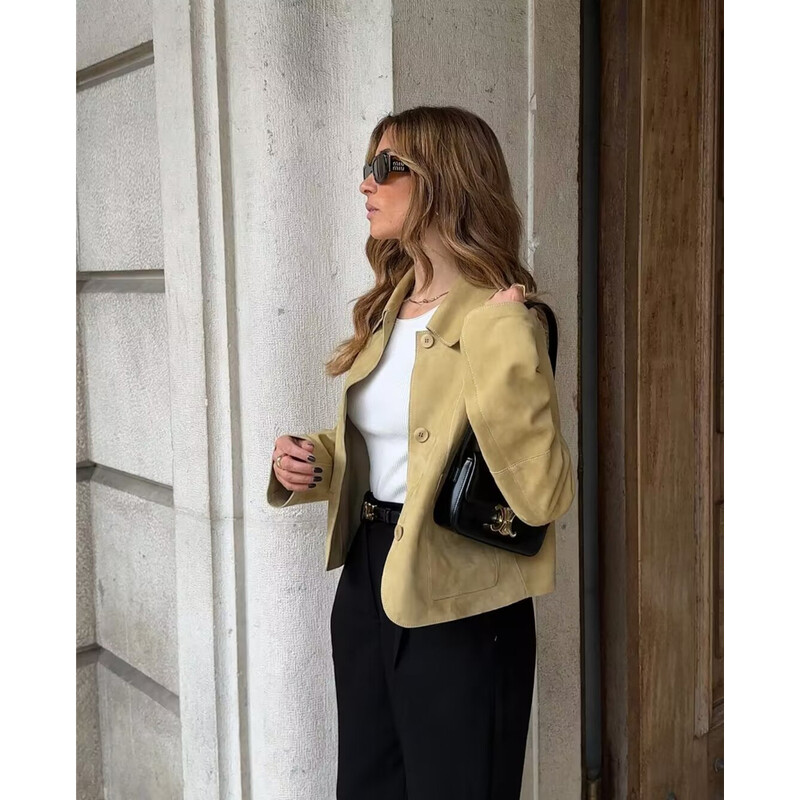 Taop&Za naiste 2024. aasta suvi, uus vabaaja pendeldamine, mitmekülgne revääriga topelttaskuga kaunistatud seemisnahast jakk 3322/040