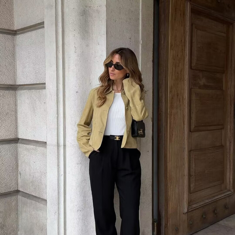 Taop&Za naiste 2024. aasta suvi, uus vabaaja pendeldamine, mitmekülgne revääriga topelttaskuga kaunistatud seemisnahast jakk 3322/040