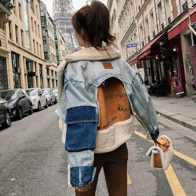 Femei șic din lână de miel fleece patchwork blugi jachetă blană de miel guler răsturnat denim îmbinat îngroșat cardigan de pluș parkas topuri