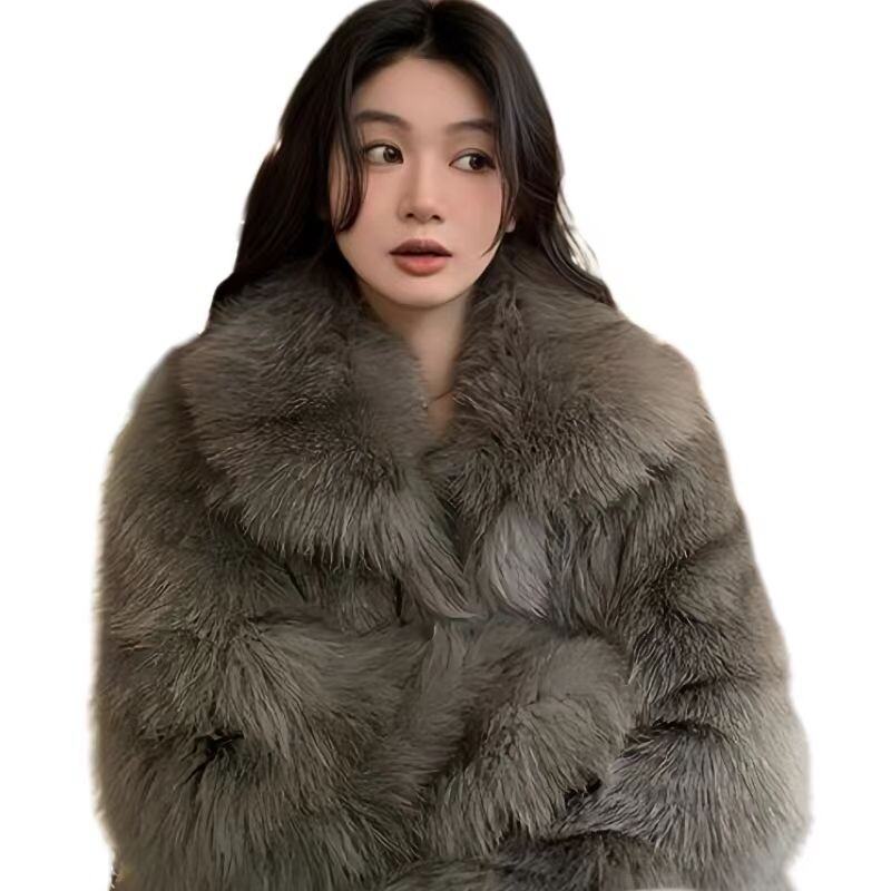 Palton de blană de vulpe artificială pentru femei, nasturi acoperiți, jachetă lungă, gât în formă de O, haine groase și calde, mâneci liliac, de înaltă calitate, toamnă iarnă