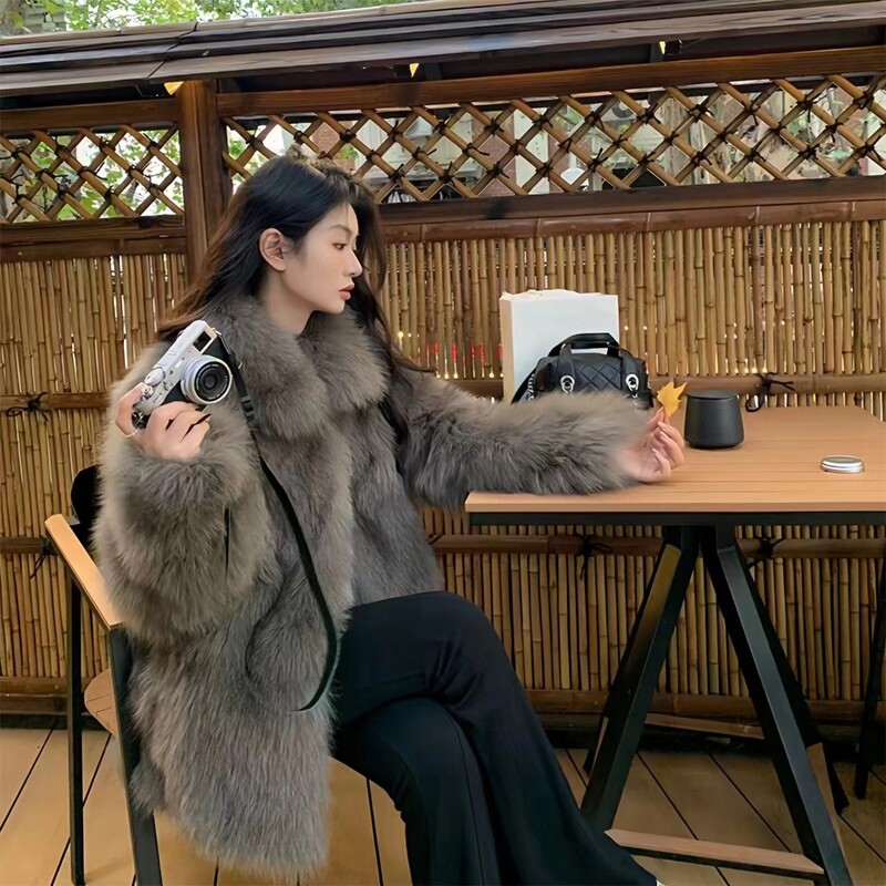 Palton de blană de vulpe artificială pentru femei, nasturi acoperiți, jachetă lungă, gât în formă de O, haine groase și calde, mâneci liliac, de înaltă calitate, toamnă iarnă