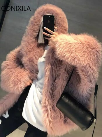 Χειμερινά μπουφάν για γυναίκες 2024 Imitation Fox Fur Coat Γυναικεία Κορεατική Έκδοση Νέα Εξωτερικά Ενδύματα Faux Fur Coat γούνινο μπουφάν με κουκούλα