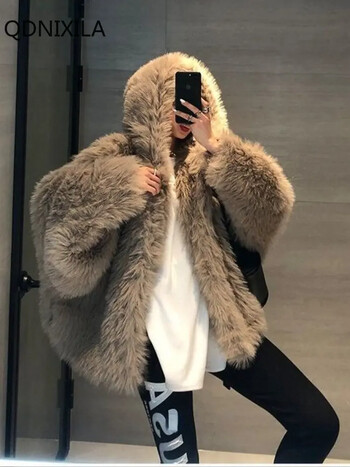 Χειμερινά μπουφάν για γυναίκες 2024 Imitation Fox Fur Coat Γυναικεία Κορεατική Έκδοση Νέα Εξωτερικά Ενδύματα Faux Fur Coat γούνινο μπουφάν με κουκούλα